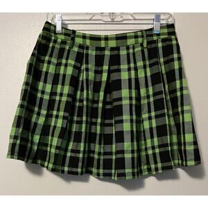 Hot Topic Black Green Plaid Pleated Skirt Side Zip Grunge Punk Skater Size Small